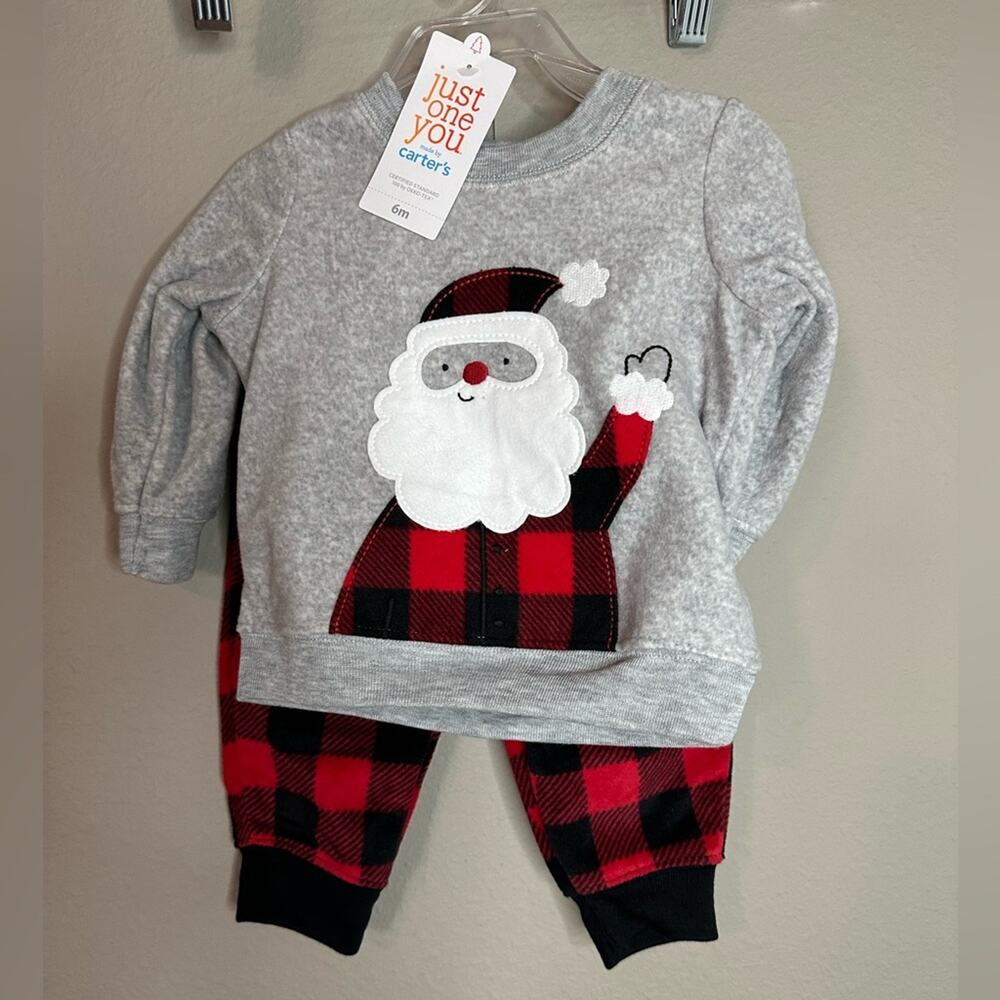 Carter’s Infant Christmas Outfit 2 piece Santa buffalo plaid red black 6 months